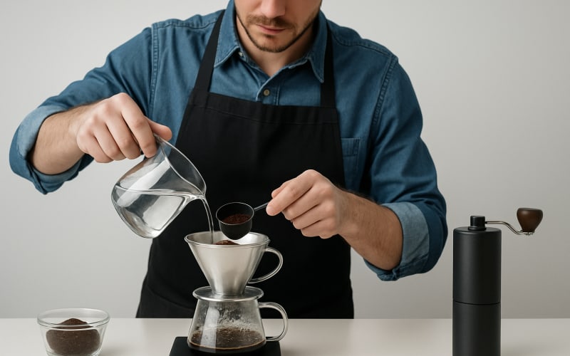 A barista using a scale to measure coffee grounds and water for a perfect brew