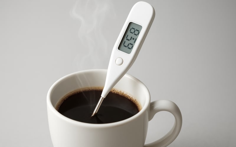 A digital thermometer in a steaming cup of coffee showing the precise temperature reading.