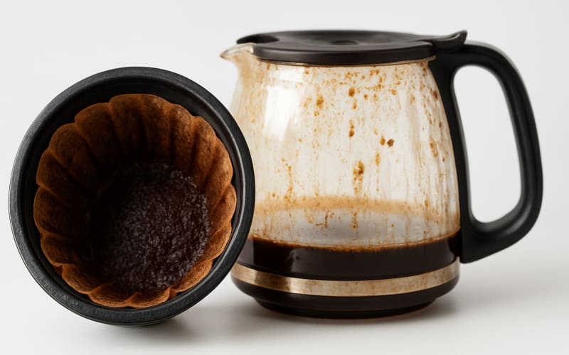 A close-up of coffee residue on a filter basket and a stained coffee pot