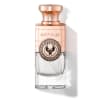 Perfume bottle, Electimuss London (Trajan), clear glass with rose gold cap, engraved emblem, rectangular shape, 100ml.
