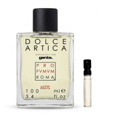 Profumum Roma Dolce Artica fragrance, clear rectangular bottle with black cap, 100 ml, includes a small sample vial.