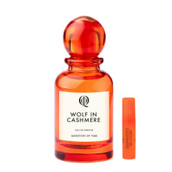 Duftprøve, Question of Time (Wolf in Cashmere), orange sprayflacon, 1,5 ml, ved siden af fuld flaske.