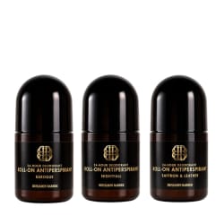 Benjamin Barber antiperspirant trio, roll-on-flaskor med svarta och gyllene etiketter, alla 50 ml, visas sida vid sida