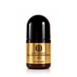 Benjamin Barber Oud roll-on antiperspirant, mörkbrun flaska med svart kork, guldetikett, 50 ml.