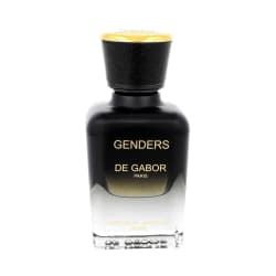 Hajuvesipullo, De Gabor (Genders), musta ja keltainen liukuvärjätty lasipullo teksturoidulla korkilla, todennäköisesti 50 ml, ei mukana olevia esineitä.