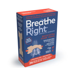 Breathe Right nasal strips (Extra Strong) in beige, 26 count, blue and red box packaging with bilingual text.