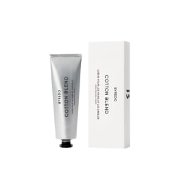 Byredo hand cream (Cotton Blend) in metallic grey squeeze tube with black cap, 100ml, accompanied by white box.