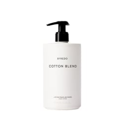 Byredo hand lotion (Cotton Blend) in white pump bottle, black dispenser, 450 ml.