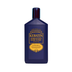 Keratin hair tonic by Watzins, dark blue plastic bottle with yellow label, 200ml, no companion items in frame