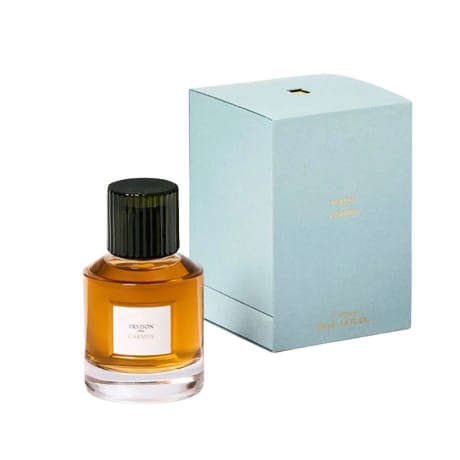 Parfüm, Trudon (Carmen), Flasche aus bernsteinfarbenem Glas mit schwarzem geripptem Verschluss, 100ml, hellblaue Verpackung.