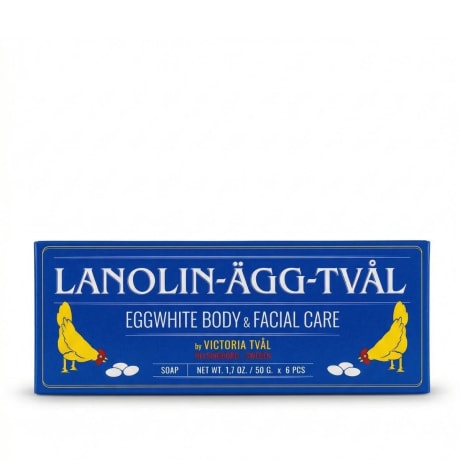 Victoria tvål (Lanolin Egg), blå ask med gula kycklingar, 6 stycken, 50g vardera