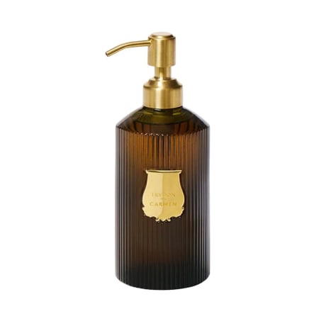 Trudon Carmen handtvål i brun räfflad glasflaska med guldpump och etikett, 300 ml.