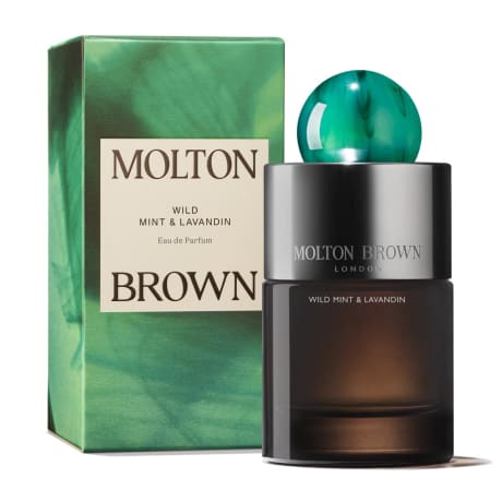 Molton Brown Eau de Parfum (Villmynte & Lavandin), røykfarget glassflaske med grønn kork, 100 ml, eske i grønne toner