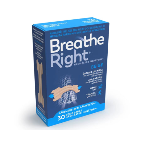 Breathe Right nasal strips, beige, in a blue box, size L, 30 count