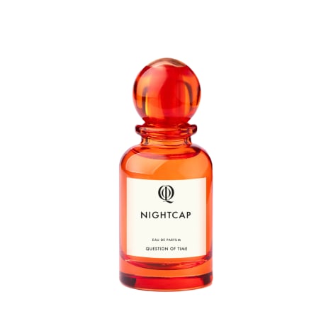 Perfume by Question of Time (Nightcap), glass bottle with red finish, featuring a round cap, 50ml.