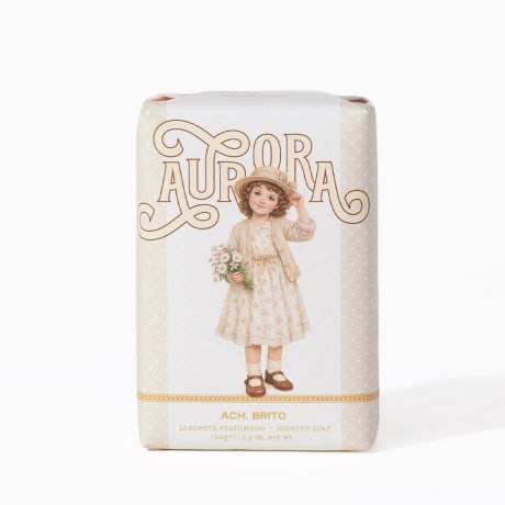 Seife von Ach Brito (Serie Aurora) in cremefarbener Papierverpackung mit Vintage-Mädchendesign, 160 g