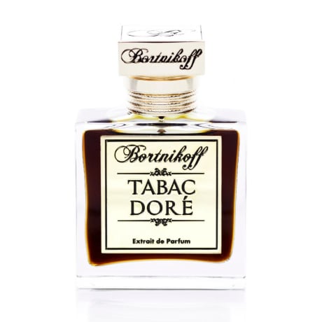 Perfume bottle, Bortnikoff (Tabac Doré), clear glass with gold cap, Extrait de Parfum, 50ml.