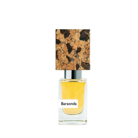 Fragrance bottle, Baraonda, clear glass with a cork-patterned square cap, 3.4 oz, no companion items.