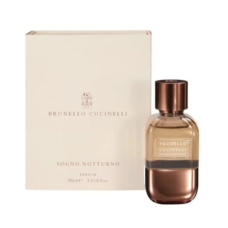Brunello Cucinelli (Sogno Notturno) parfym, bronsfärgad glasflaska med metalllock, 100 ml, beige förpackningslåda.