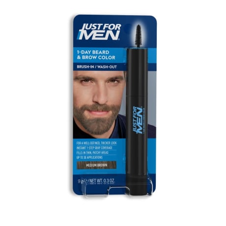 Couleur de barbe et sourcils, Just For Men (Couleur 1 jour), tube noir avec applicateur pinceau, brun moyen, emballage 9 g