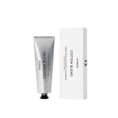 Byredo hand cream (Cotton Blend) in metallic grey squeeze tube with black cap, 100ml, accompanied by white box.