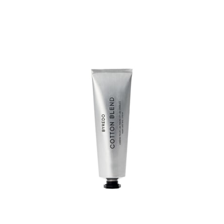 Byredo hand cream (Cotton Blend), silver tube with black cap, 30ml, no companion items.