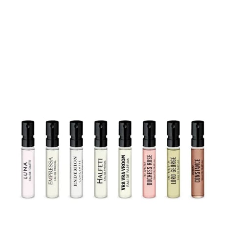 Penhaligon's doftbibliotek med åtta miniflaskor med spray och svarta lock, 2 ml vardera, blandade dofter.