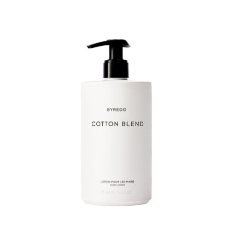 Byredo hand lotion (Cotton Blend) in white pump bottle, black dispenser, 450 ml.