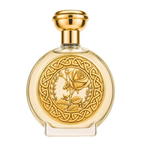 Parfume flaske, Boadicea the Victorious (Andraste), rund glas med gyldent udsmykket design, 100 ml kapacitet.