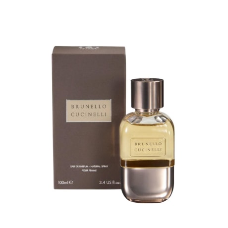 Parfym, Brunello Cucinelli (Pour Femme), klar glasflaska med metallkork, 100ml, bredvid matchande brun låda
