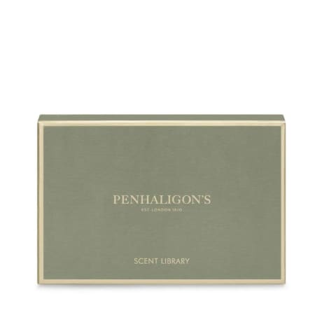 Penhaligon's Portraits doftset i en rektangulär, matt grön låda med guldkant, texten 