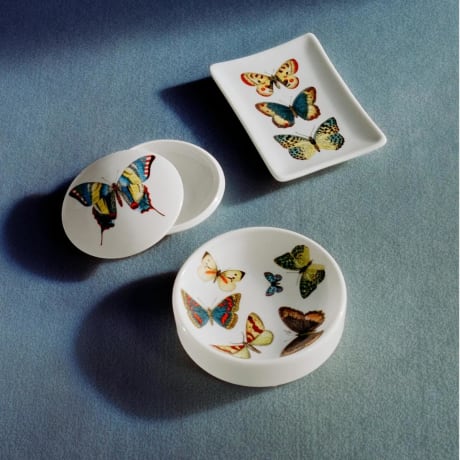 Fornasetti askebægersamling, hvidt porcelæn med farverige sommerfugletryk, inkluderer runde og rektangulære stykker.