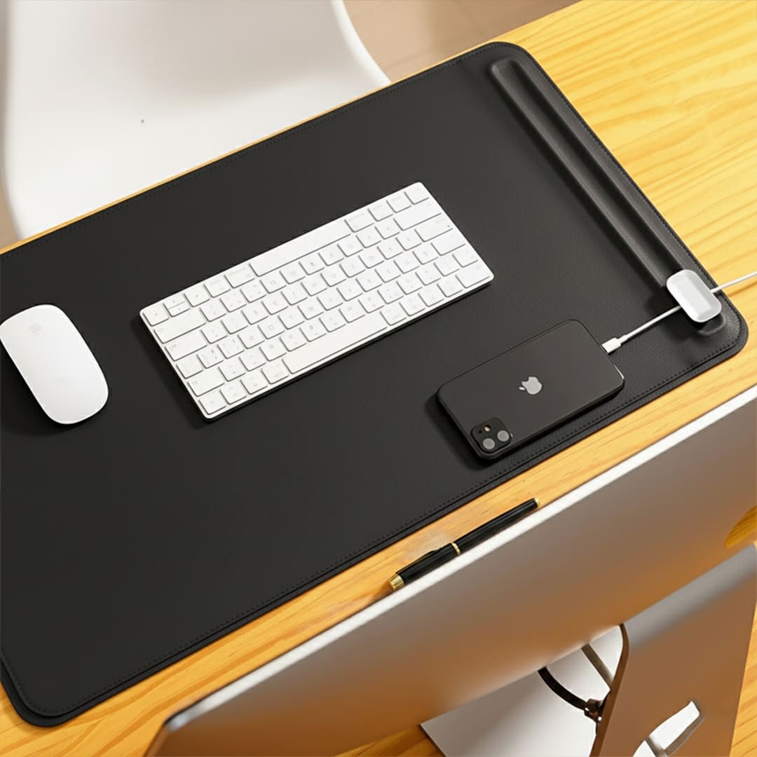 Leather Felt Desk Mat with Cable Holder