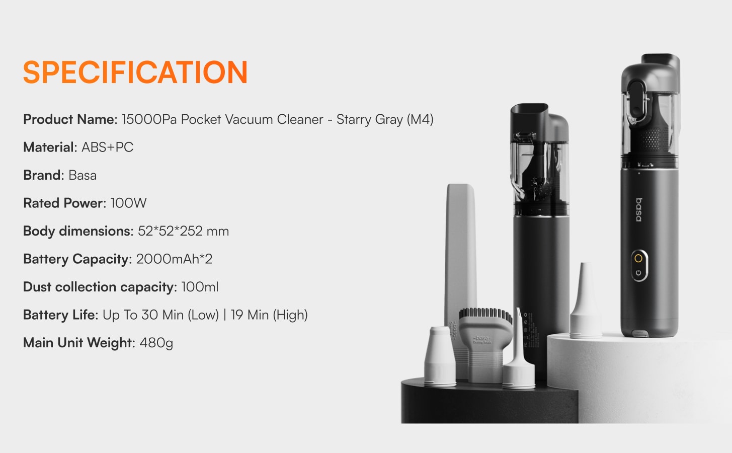 BASA M4 Cordless Car Vacuum Cleaner with 15000Pa Suction