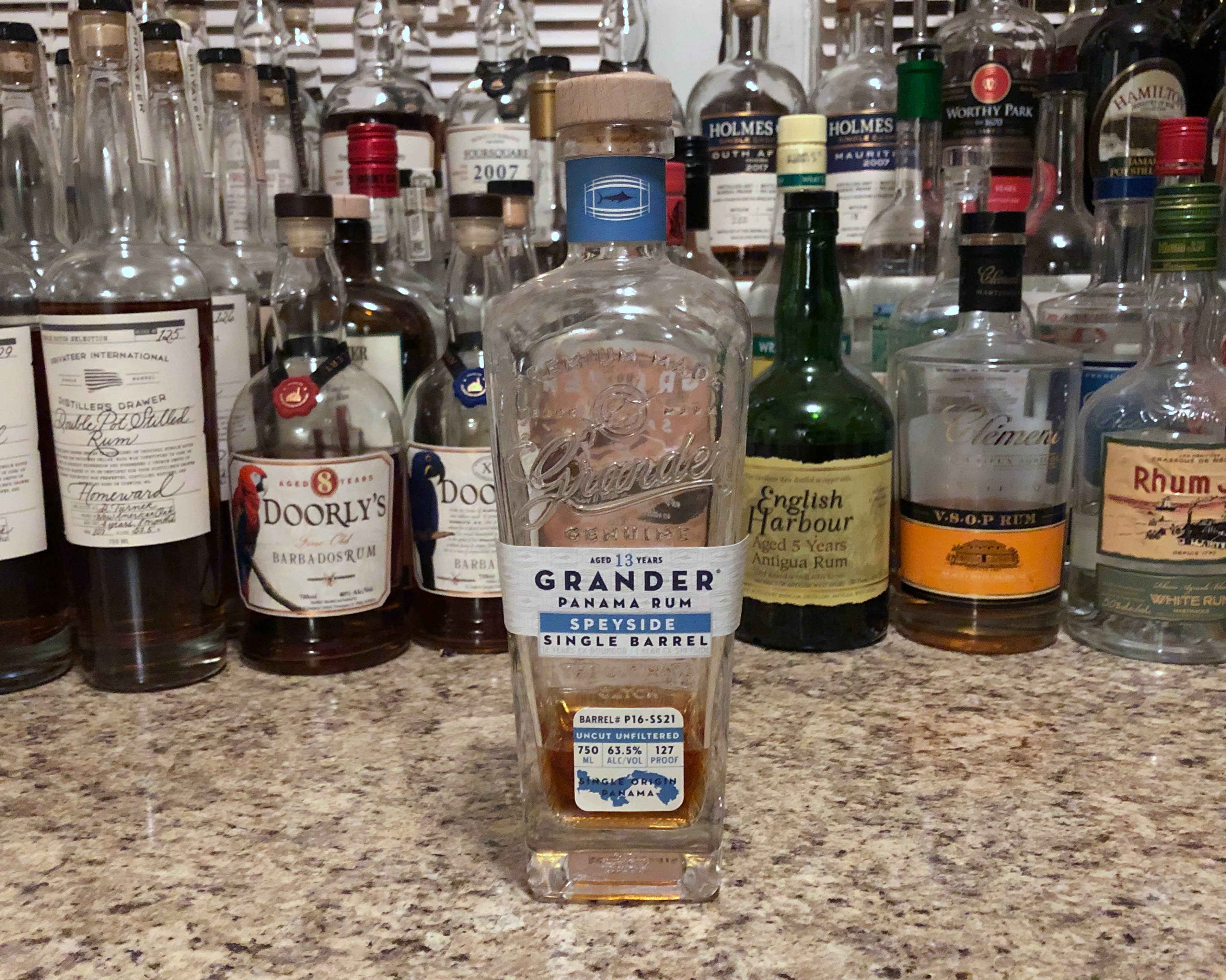 Bottle of Grander Speyside Single Barrel rum on a countertop