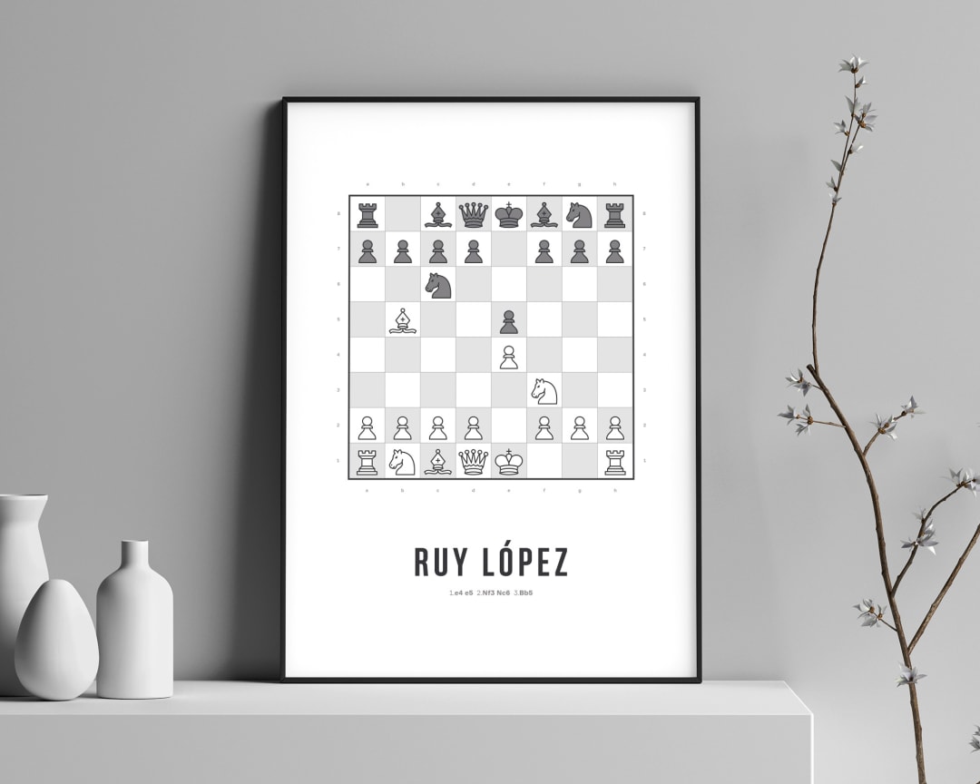 A framed fine art print of the popular chess opening print, Ruy Lopez (Spanish Game).