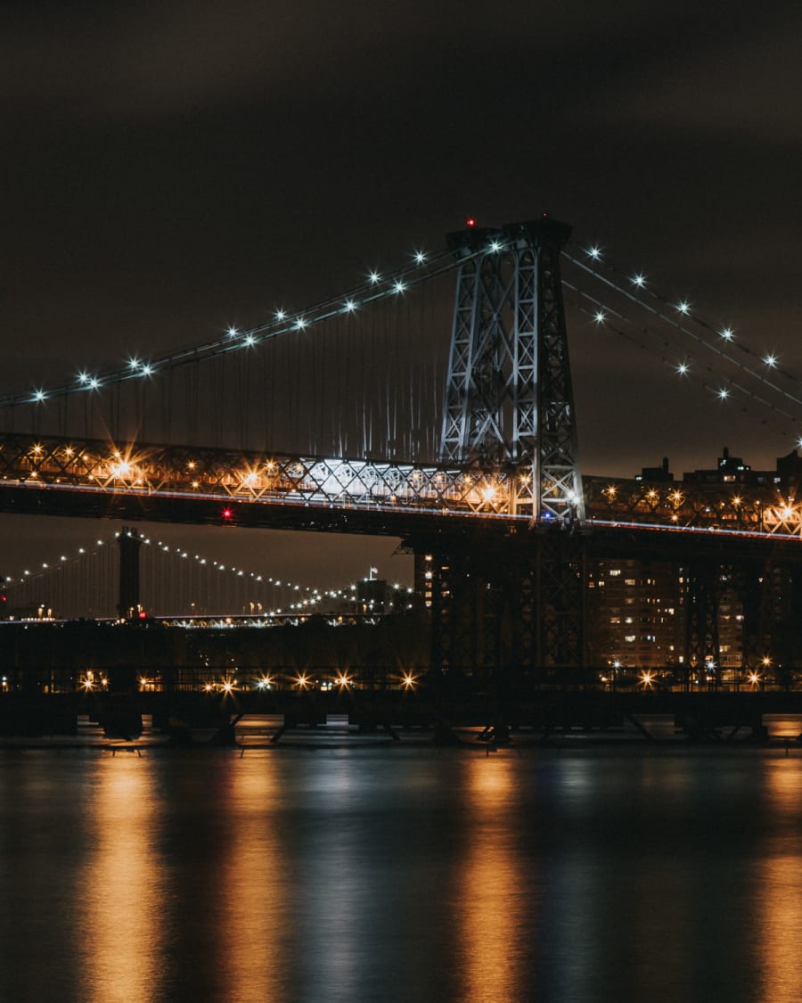 Long exposure of the Williamsburg Bridge at night from the river side