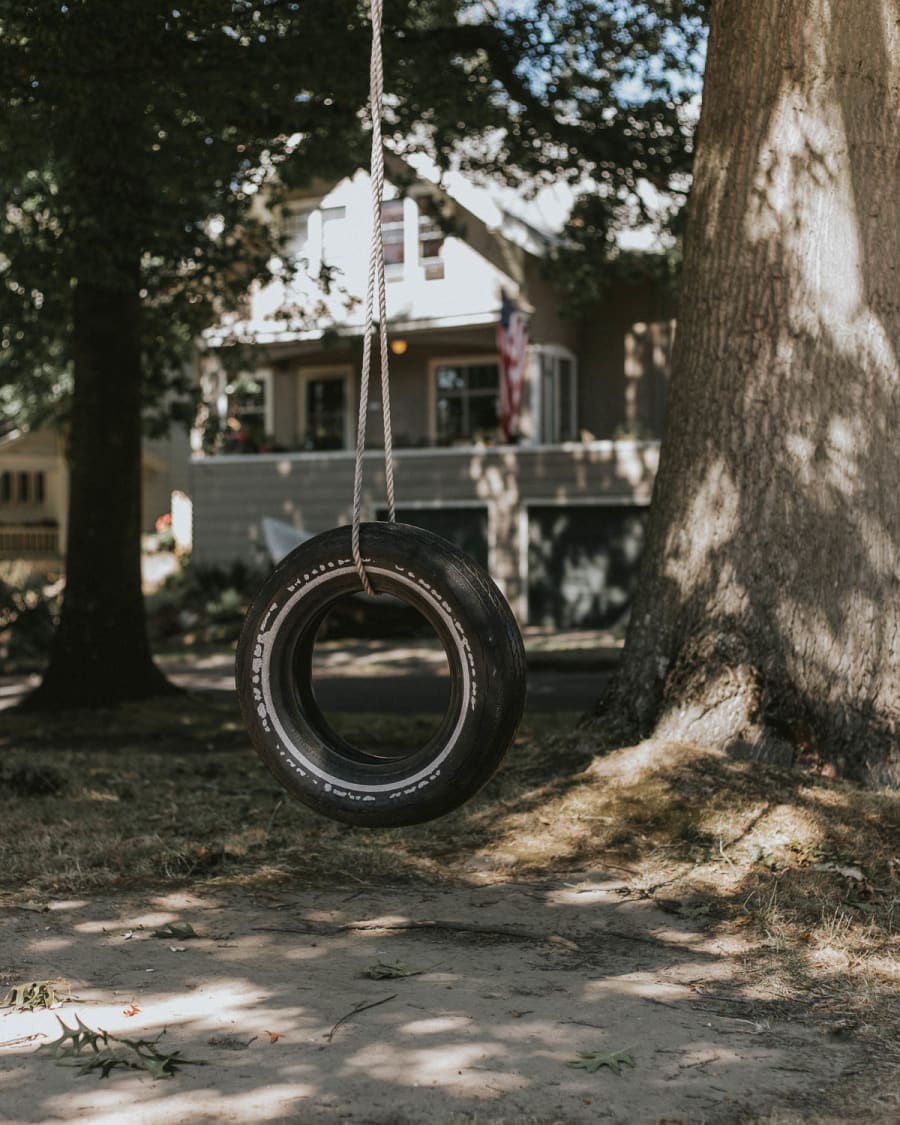 A tire swing hanging from a tree in a stereotypical American neighbourhood