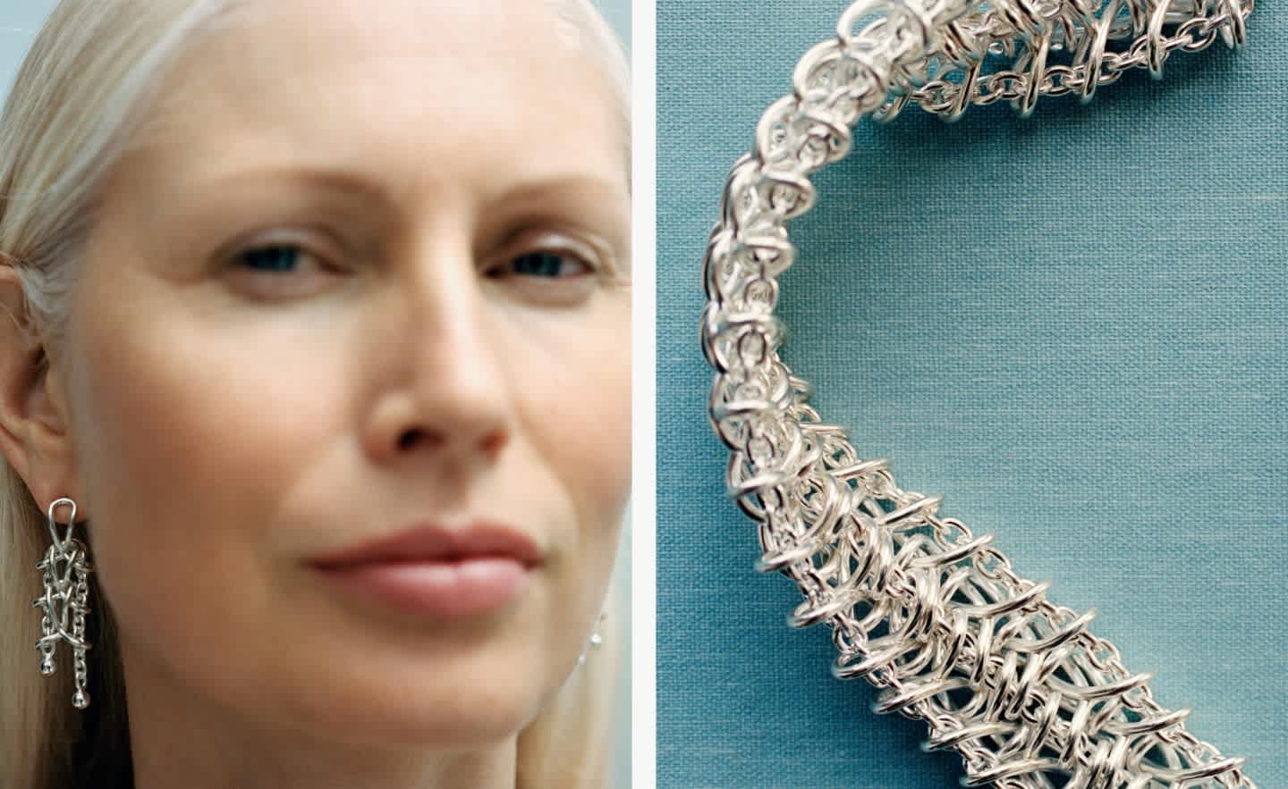Woman wearing earring in sterling silver from Weft collection