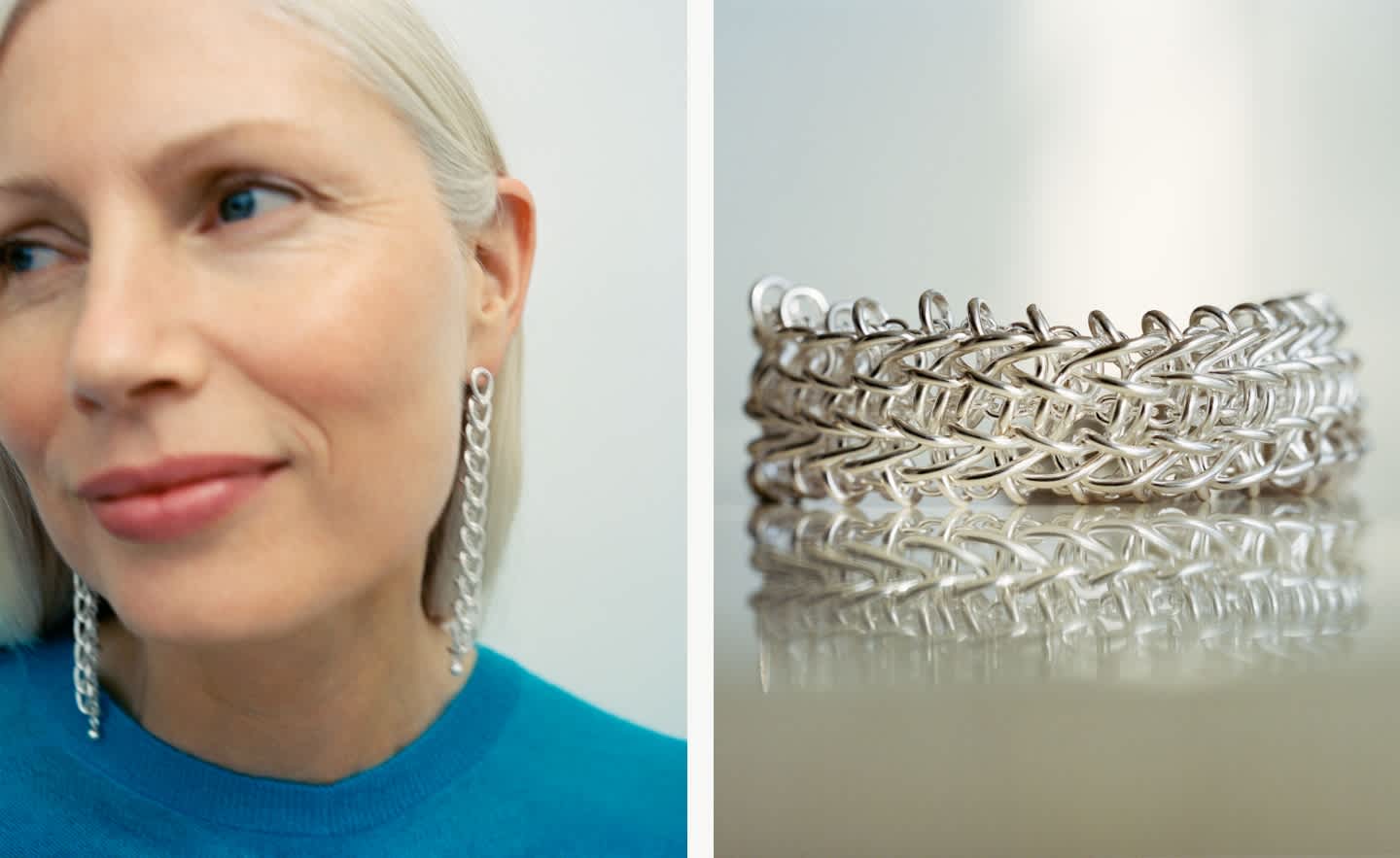 Woman wearing earring in sterling silver and bracelet side by side from Weft collection