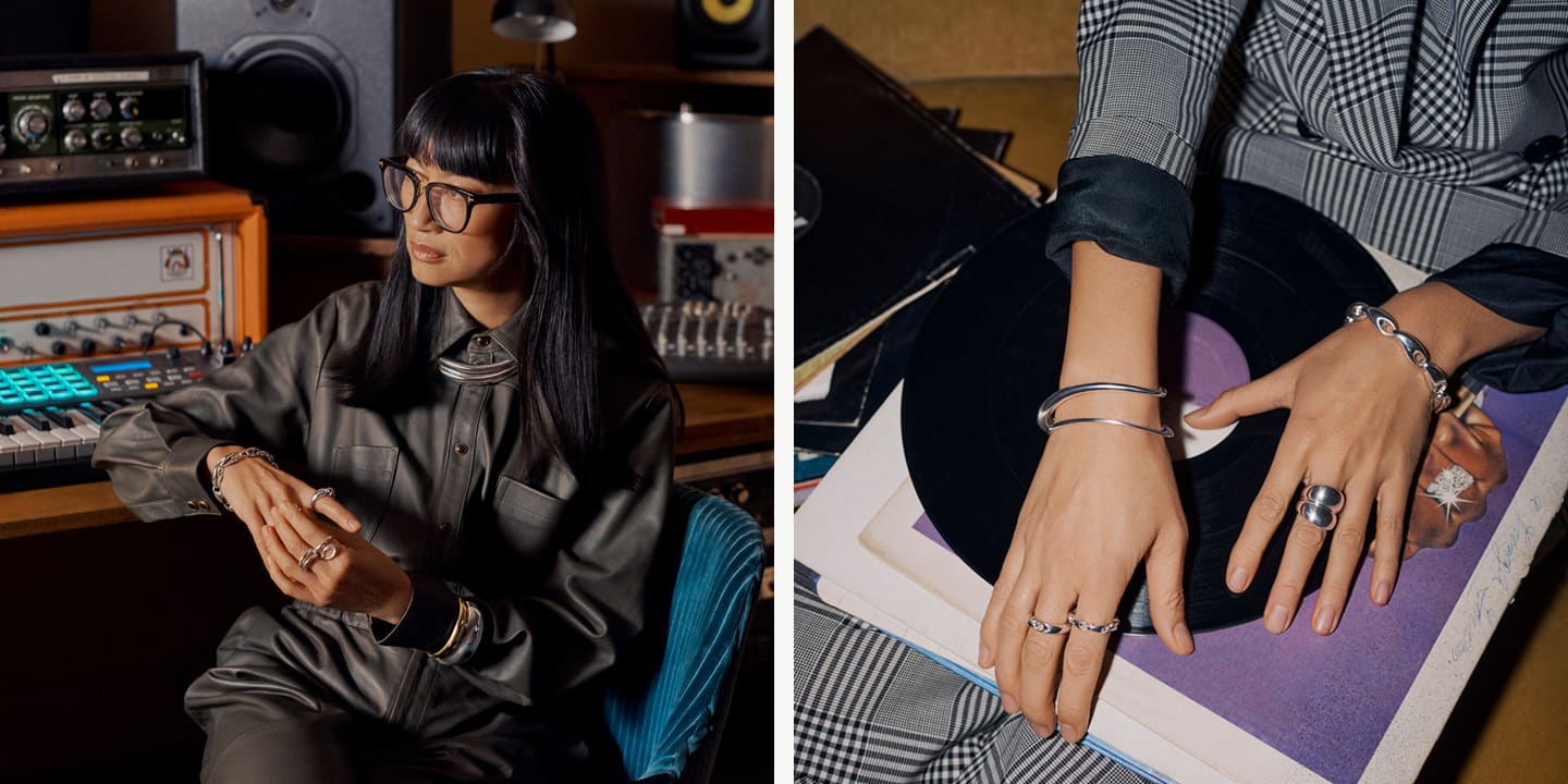 Mimi Xu wearing rings and bracelets in sterling silver from Georg Jensen