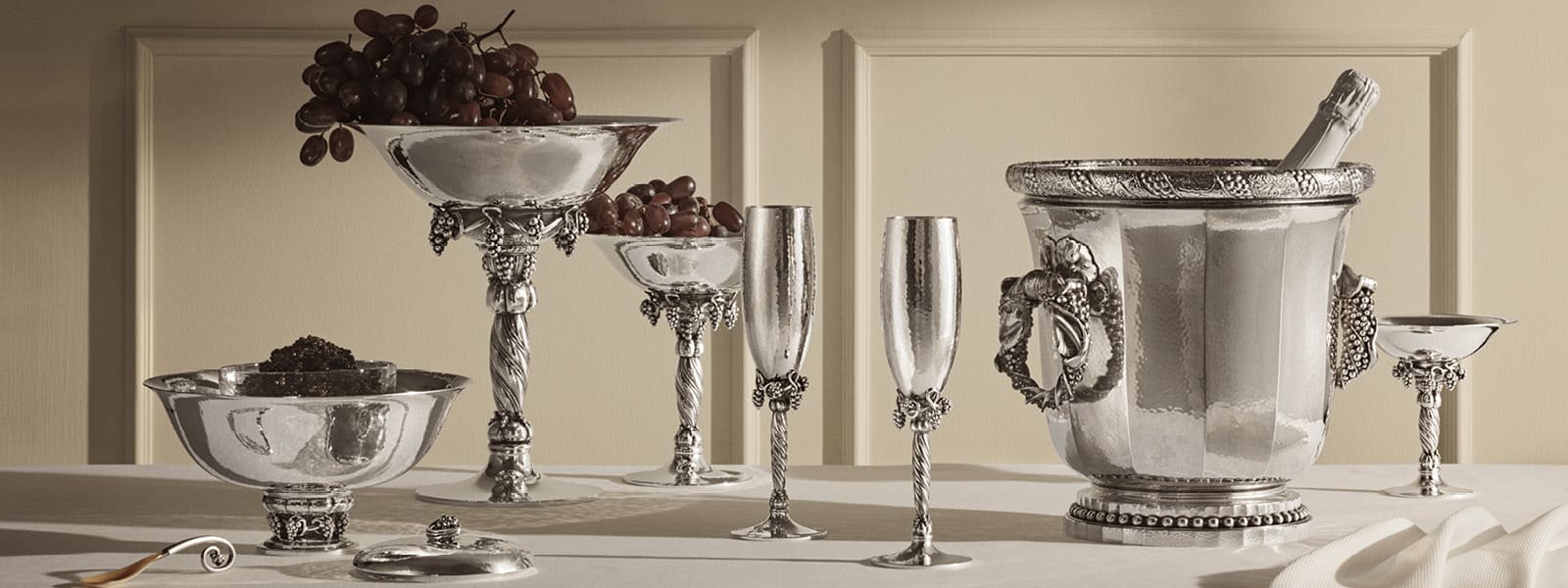 Grapes champagne and caviar bowl crafted in sterling silver by Georg Jensen