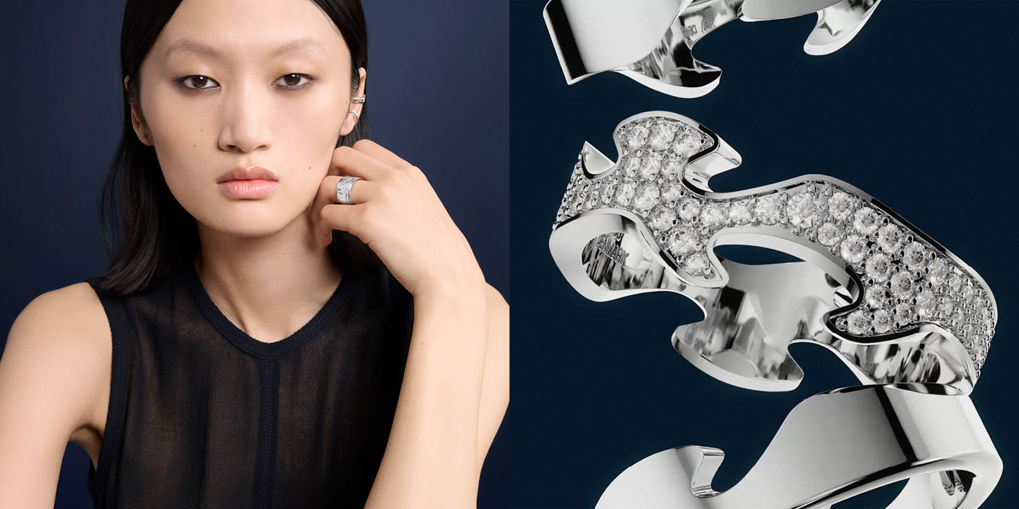 Yilan Hua wearing ring in 18 kt white gold designed by Nina Koppel for the Fusion collection