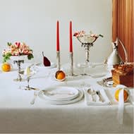 Tablesetting in porcelain, glass, stainless steel and fine silver from Georg Jensen