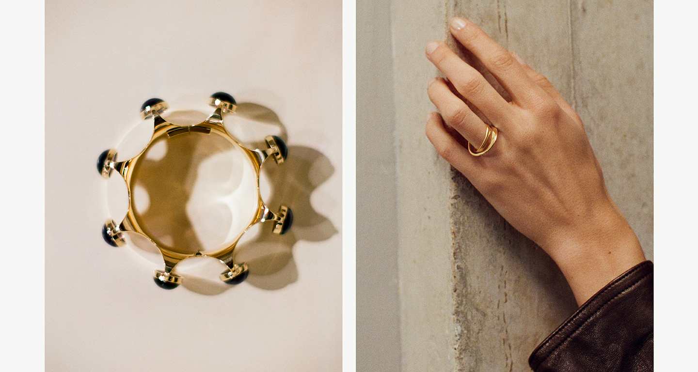 Bangle in 18kt yellow gold designed by Nanna Ditzel and ring designed by Vivianna Torun Bülow-Hübe