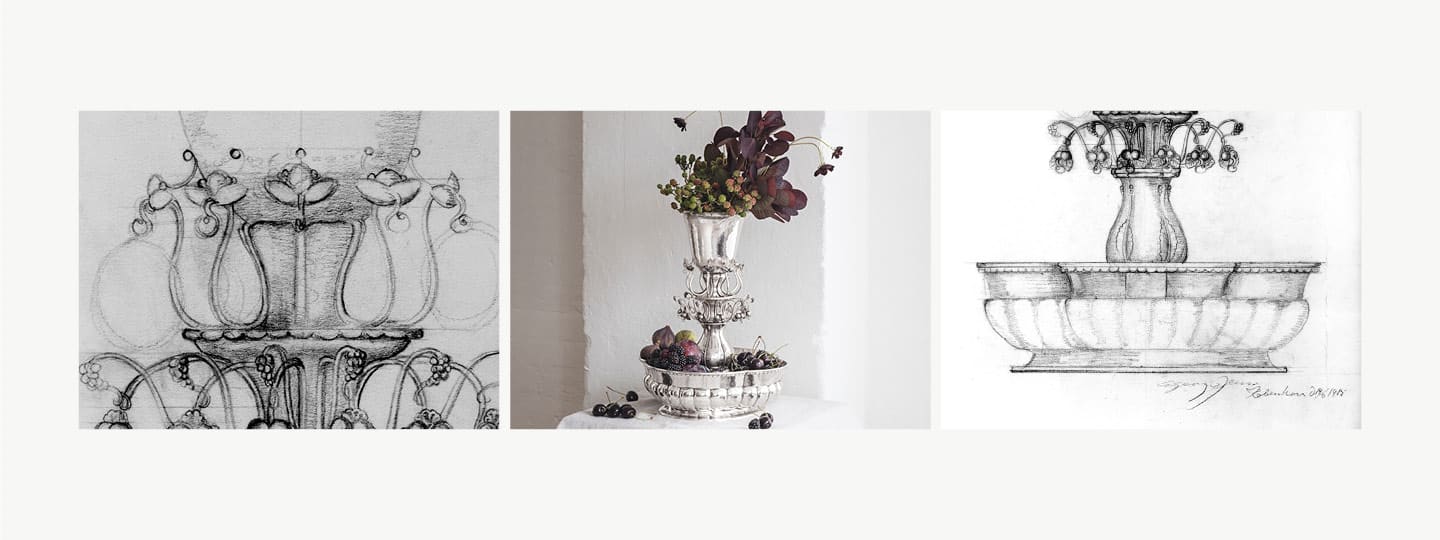 Grid image of the sketch behind Jardiniere 1505 and the masterpiece it self in Sterling Silver designed by Georg Jensen