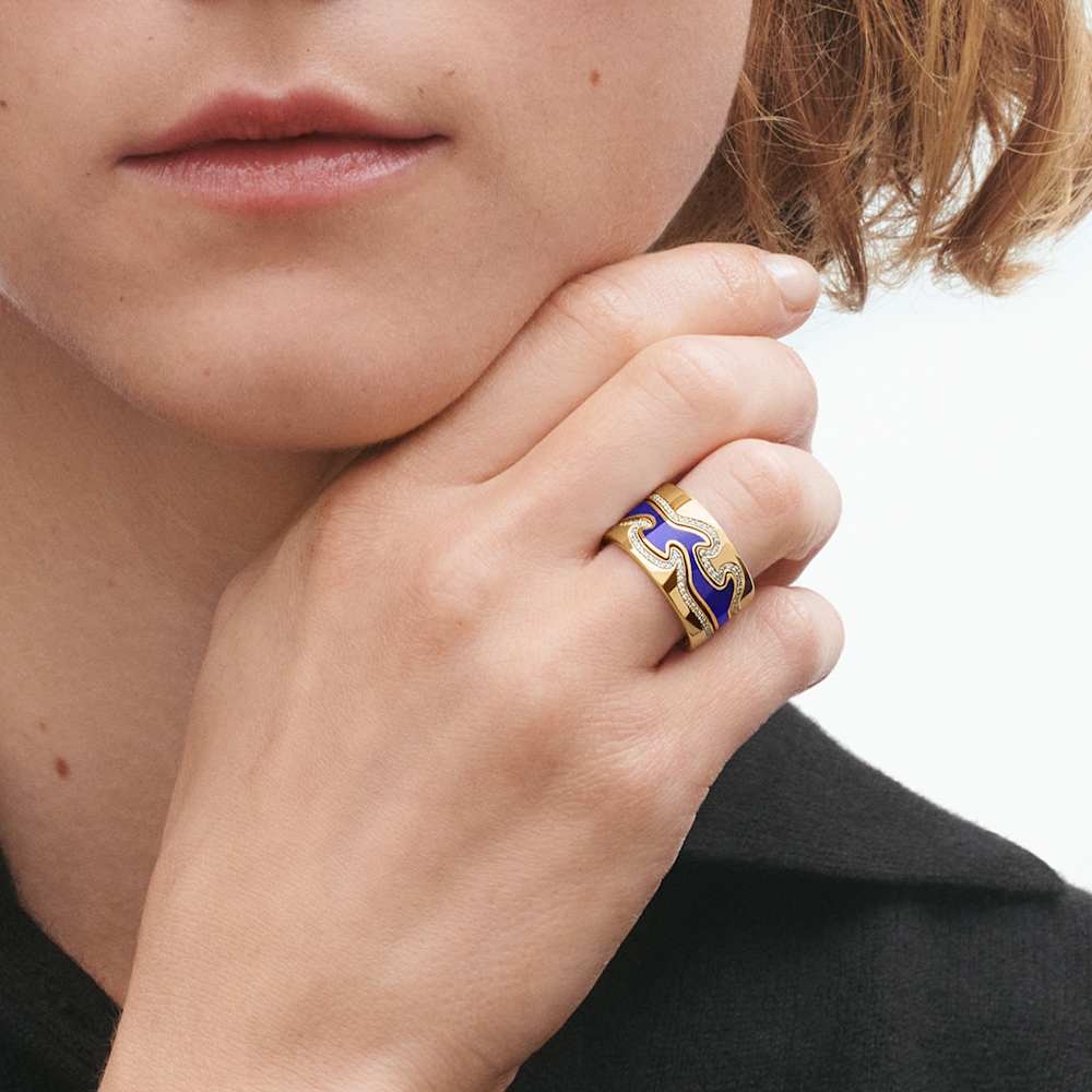 フュージョン (FUSION) センターリング、ブルー、18Kイエローゴールド