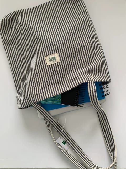TOTE bag Lona ratlles marró/blau marí/vermell