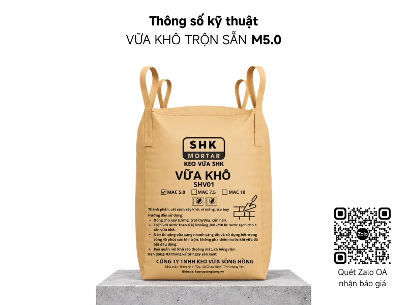 Thông số kỹ thuật vữa khô trộn sẵn M5.0 thương hiệu SHK Mortar