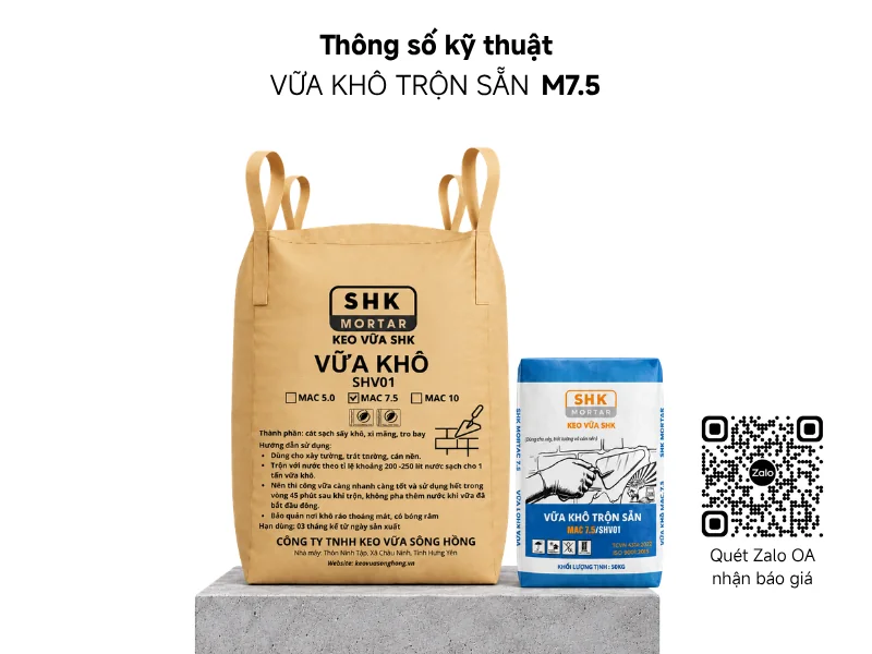 Thông số kỹ thuật Vữa khô trộn sẵn M7.5